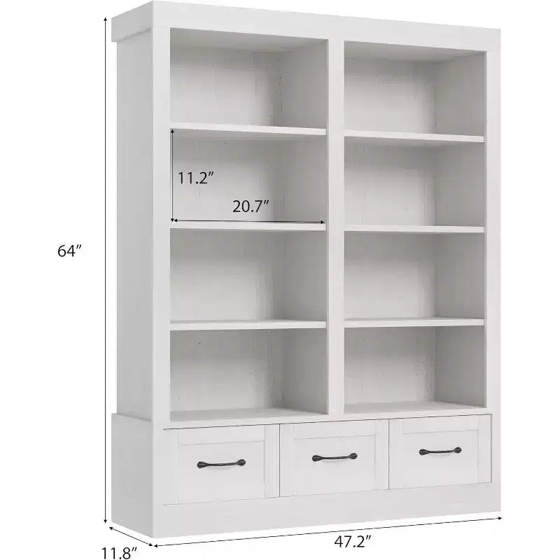 64 H Bücherregale und Bücherschränke, Bücherregal mit 3 Schubladen, 4-lagiges doppelt breites offenes Regal für Büro Wohnzimmer