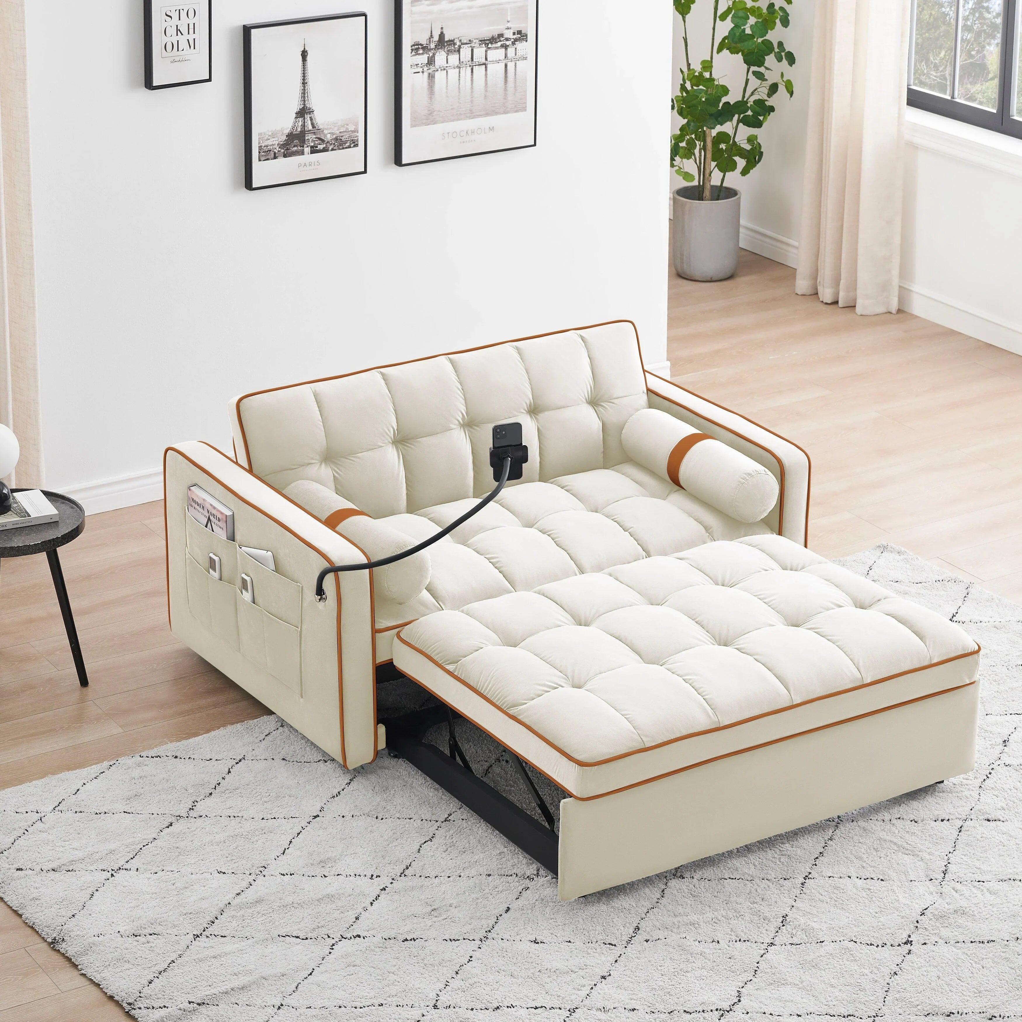 Samt-Schlafsofa zum Umbauen, 140 cm, 2-Sitzer, mit Ausziehbett, verstellbarer Rückenlehne, Seitentaschen und Handyhalterung