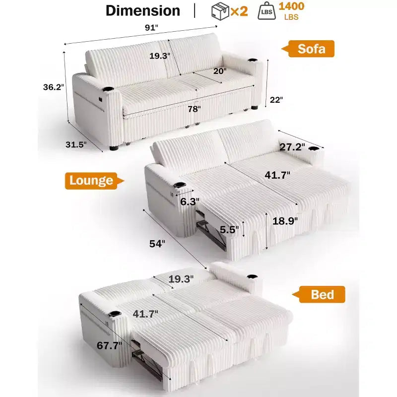 Dyonery 91 Sektional Schlafsofa mit Ausziehbett, verstellbarer Rückenlehne/zwei Ausziehbetten/USB-Anschlüssen/Getränkehaltern, Plüsch-Kordbezug