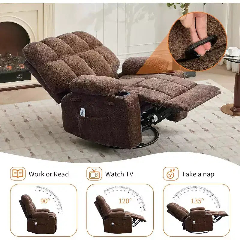 Übergroßer Relaxsessel für Erwachsene, Manueller Dreh-Schaukelsofa, Seitentaschen & Getränkehalter für Große und Schwergewichtige, Wohnzimmer