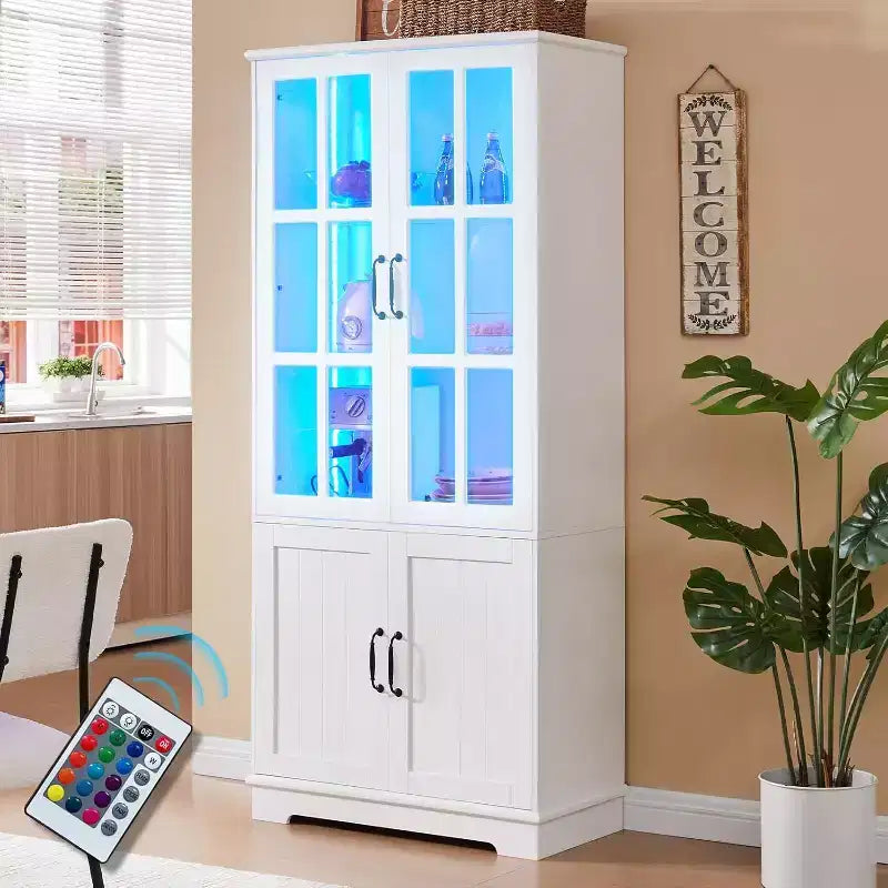 AMERLIFE 71" großer Aufbewahrungsschrank mit LED-Beleuchtung, großes Bücherregal mit Acrylglastüren