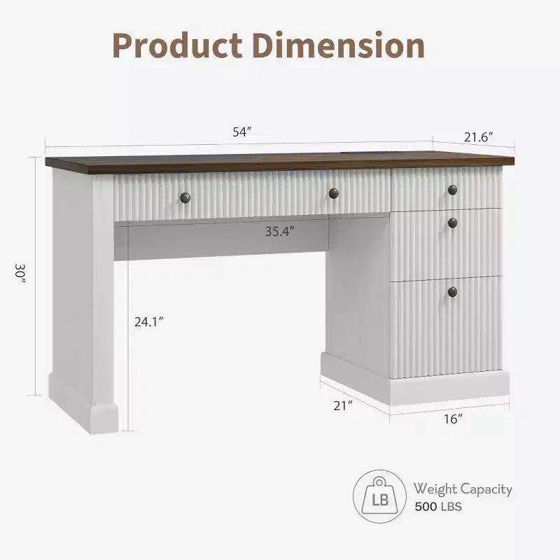 Geriffelter Home-Office-Schreibtisch mit Stauraum, 137 cm moderner Chefschreibtisch mit Ladestation, Computer-Schreibtisch aus Holz mit Aktenschubladen für das Arbeitszimmer