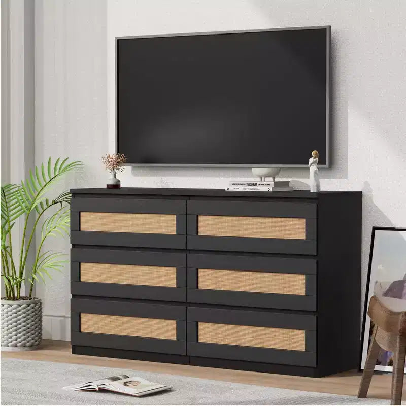 Rattan-Kommode für Schlafzimmer mit 6 Schubladen, 47" moderne Farmhouse breite Kommode, Holz-Aufbewahrungsschrank-Organizer für Kleiderschrank, Wohnzimmer, Flur