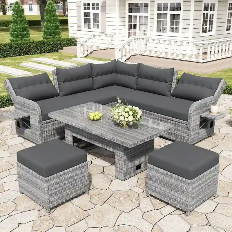 Outdoor-Rattan-Garnitur mit verstellbarem Tisch, Liegesesseln und 2 Hockern