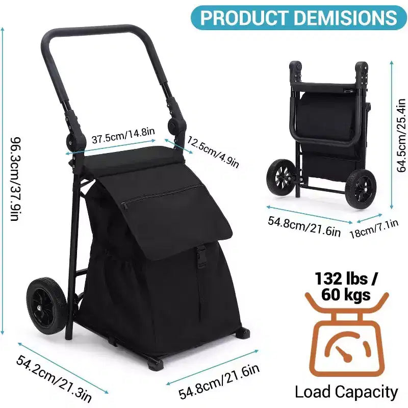 Acekool 2-in-1 faltbarer Handwagen Einkaufstrolley mit abnehmbarer wasserdichter Tasche, dickem Sitzkissen und verstellbarem rutschfesten Griff, Schwarz