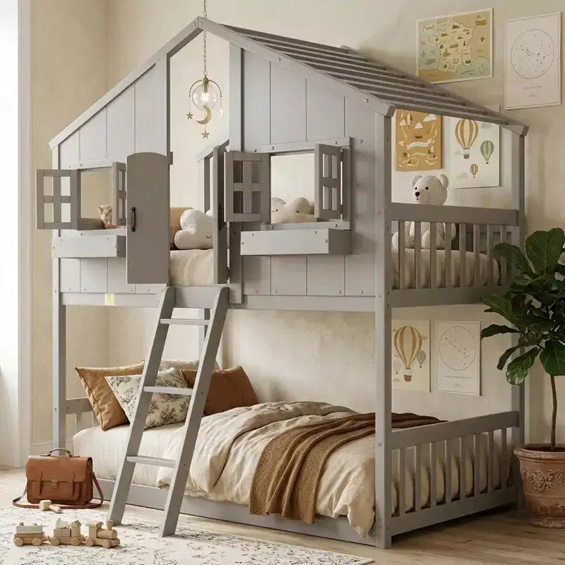 Doppel-Loftbett in Hausform, Holzspielhaus-Loftbett mit Leiter und Schutzgittern für Kinder