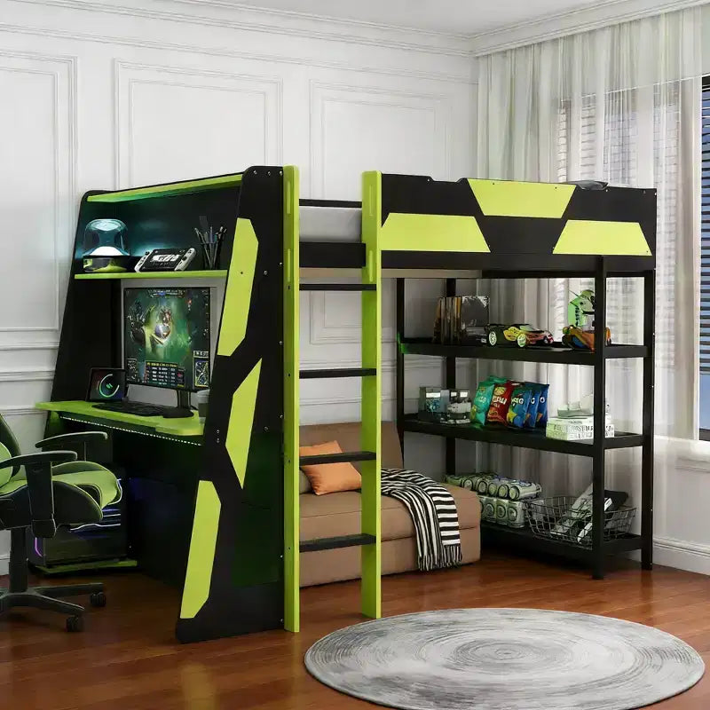 Luxystar Gaming-Hochbett mit Schreibtisch, Ablageregalen und Beleuchtung