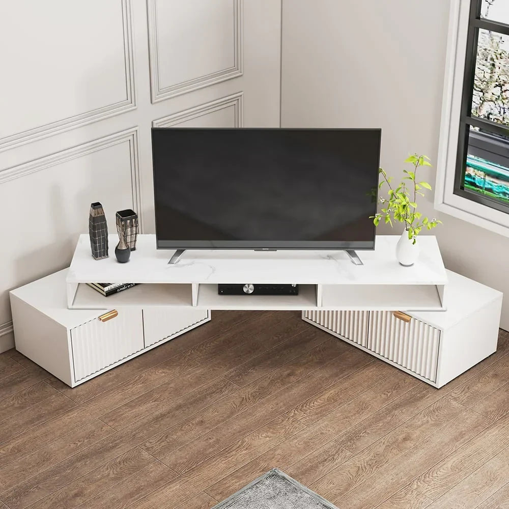 Moderner, weißer TV-Eckschrank mit 2 Schubladen und offenem Stauraum