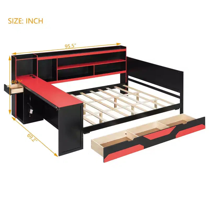 Gaming-Tagesbett (Queen-Size/Full-Size) mit Kopfteilregal, LED-Beleuchtung, integriertem Schreibtisch, Schubladen und Ladestation