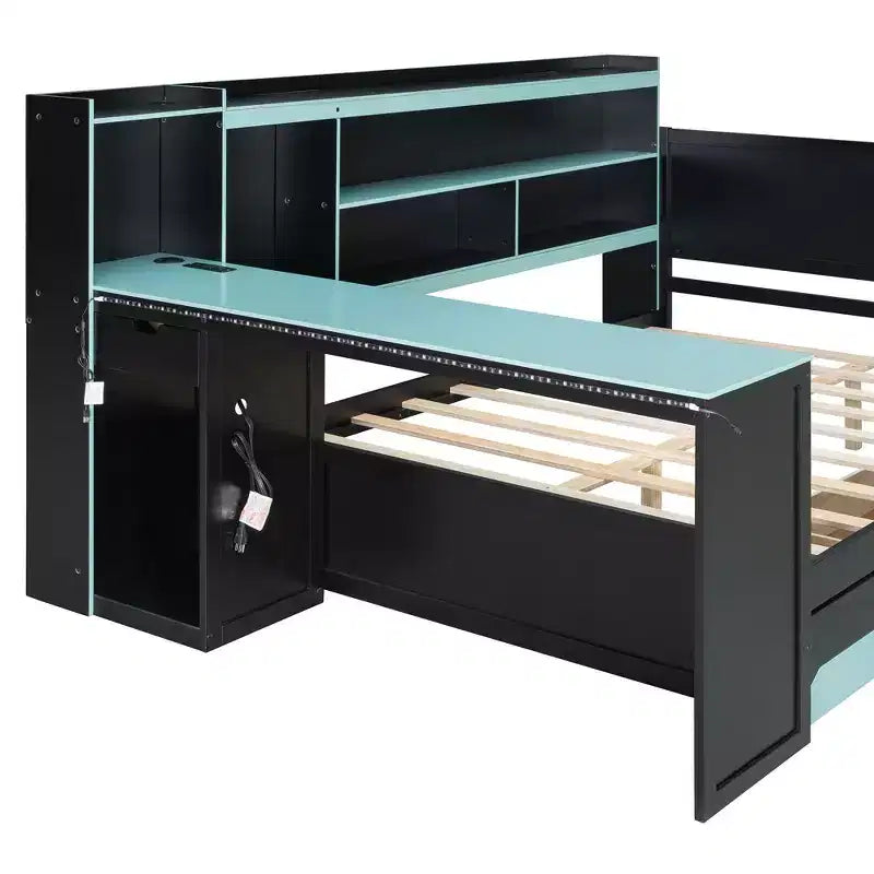Gamer Hub Tagesbett mit Schreibtisch, RGB-Beleuchtung, Ladestation, Schubladen und Bücherregal-Kopfteil