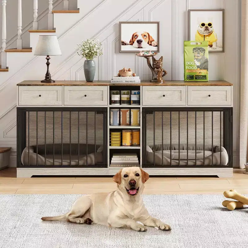 82" Doppel-Hundebox Möbel, großer Hundezwinger für 2 Hunde, robuster TV-Ständer aus Holz mit 4 Schubladen und Regalen