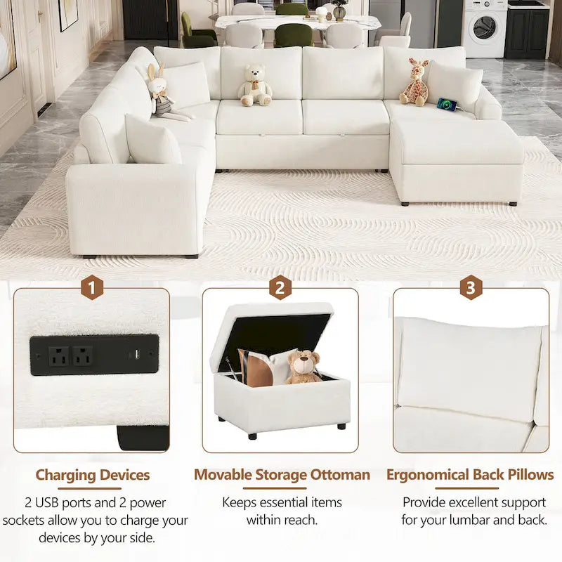 Chenille Ecksofa mit Ausziehfunktion, L-förmiges Schlafsofa mit Stauraum-Ottomane, 3 Kissen und Ladevorrichtungen
