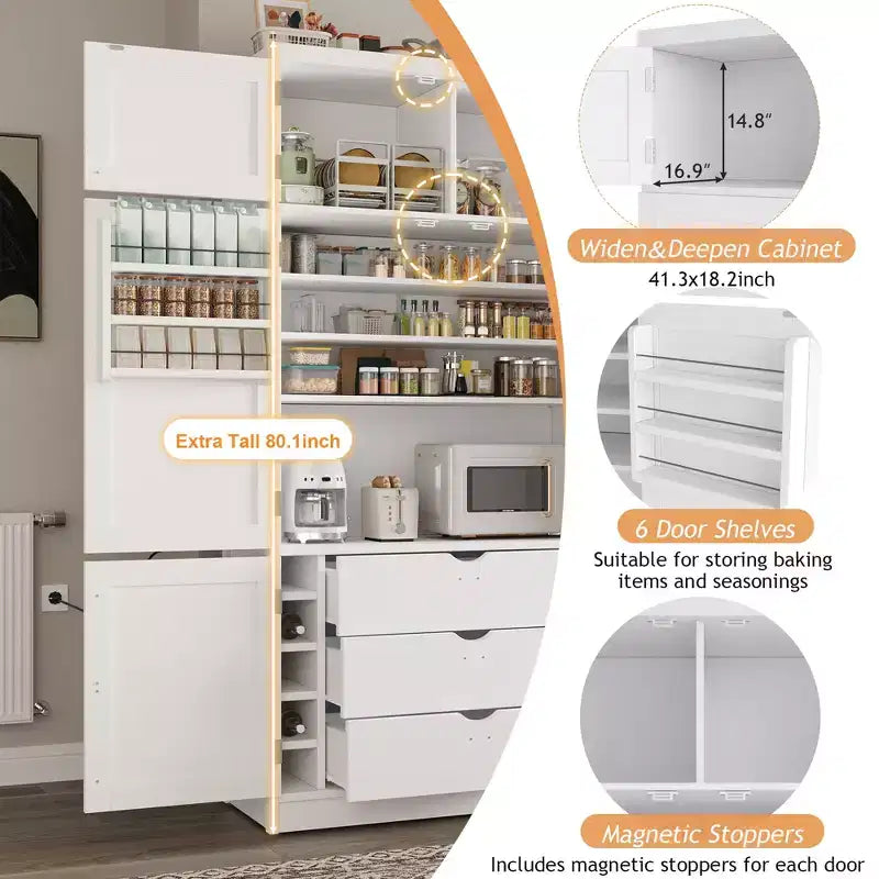 Hoher Küchenschrank mit Steckdosen, großer freistehender Schrank mit Mikrowellenständer, Schubladen, Regalen, Weinregalen und Türregal