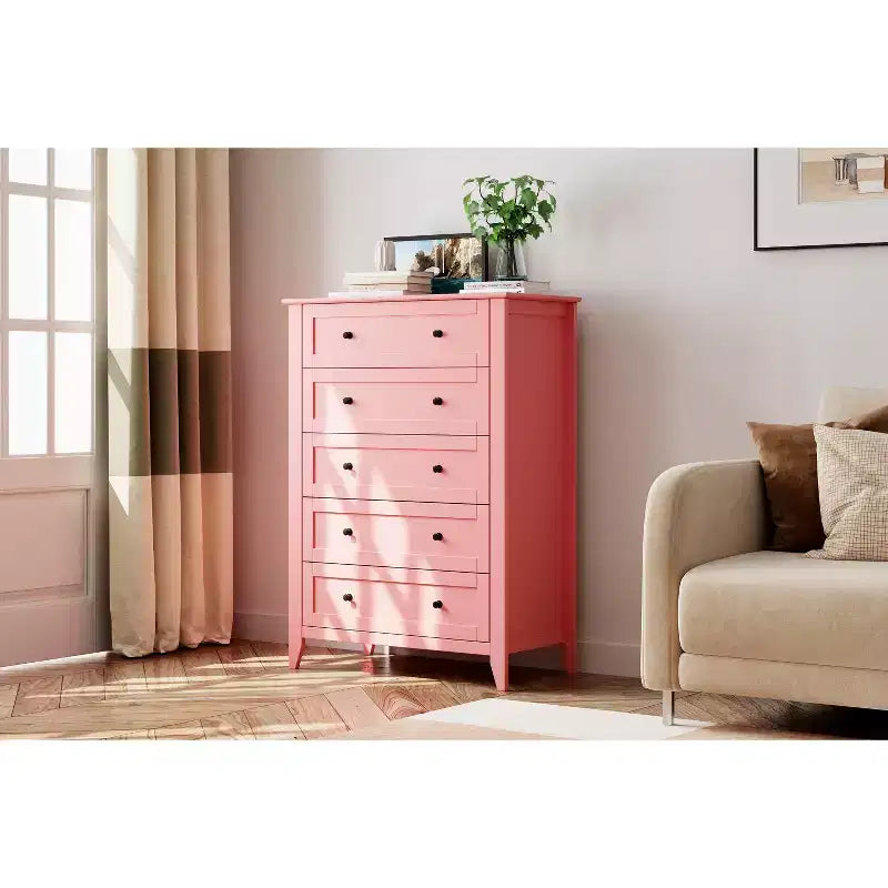 5-Schubladen-Kommode, 108 cm hoch, für das Schlafzimmer, Holzschrank mit 30 cm tiefen Schubladen und goldenen Metallgriffen, ideal für den Eingangsbereich oder Flur