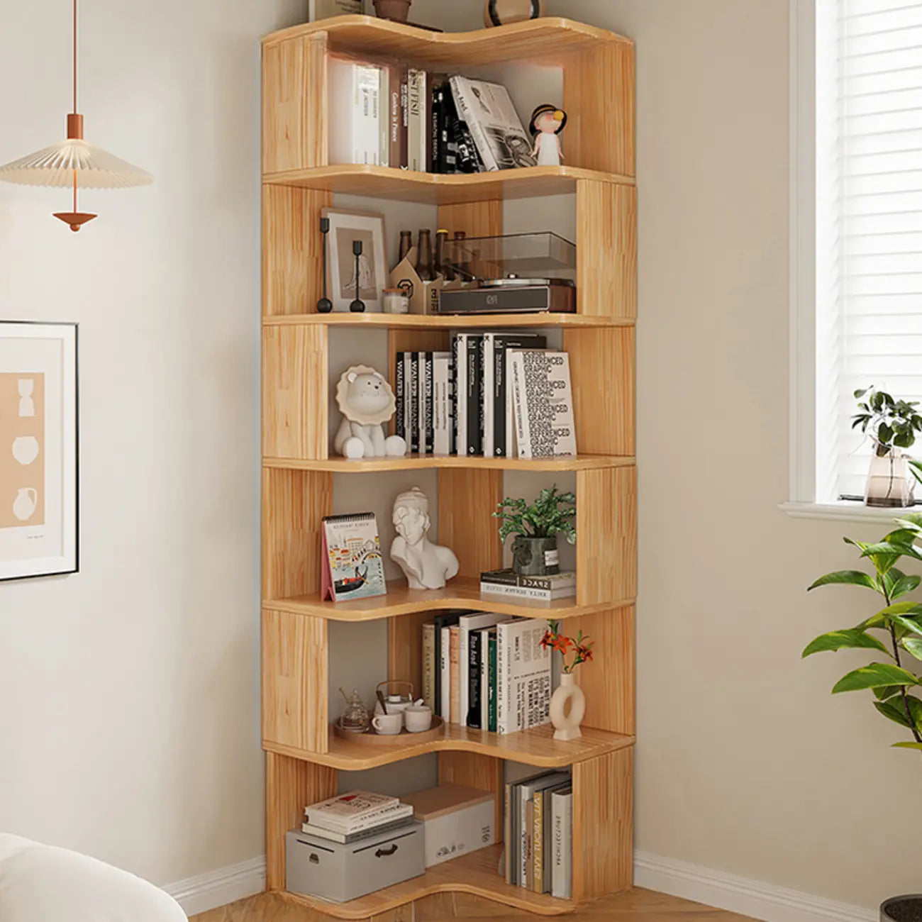 L-förmiges offenes Bücherregal aus Holz mit Naturfinish