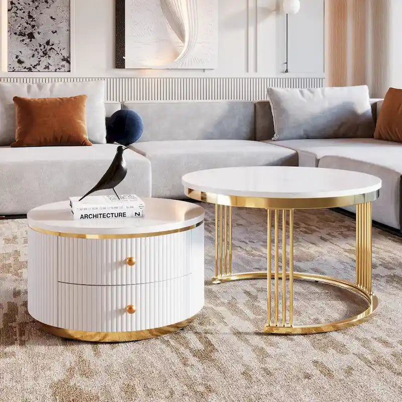 2 weiße runde Couchtische mit Schubladen im Set