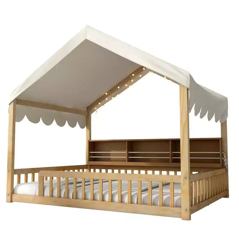 Whisen Vollholz-Bettgestell, Hausbett mit Zaun, 3 Aufbewahrungsregale, Vorhang