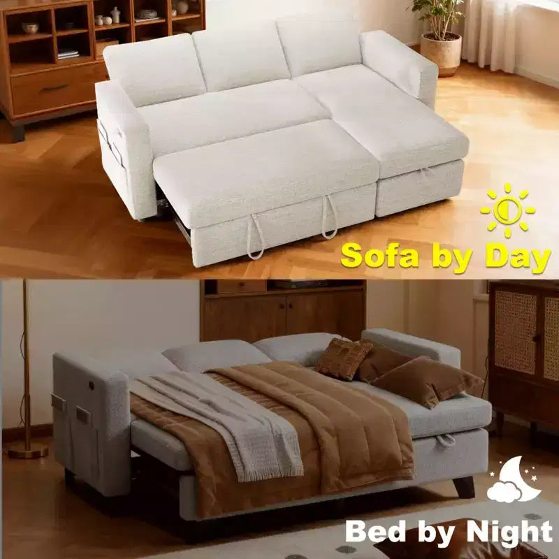 2-in-1 Schlafsofa zum Ausziehen mit Stauraum-Recamiere, Chenille-Ecksofa mit USB-Anschlüssen für das Wohnzimmer