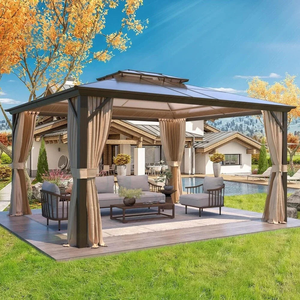 EROMMY Hardtop-Pavillon, Outdoor-Pergola mit Doppeldach & Netzen & Vorhängen, Hochleistungs-Canopy für Terrasse, Garten, Poolparty