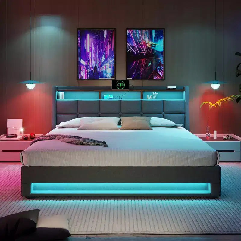 Queensize-Bett mit hydraulischem Stauraum, LED, USB, gepolstertem Kopfteil, kein Boxspringbett, einfache Montage