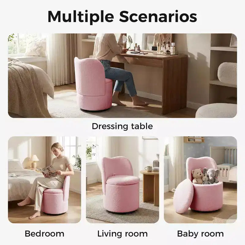 Drehbarer Schminkstuhl mit Stauraum, gepolsterter runder Make-up-Hocker mit Rückenlehne, weich gepolsterter Fass-Akzent-Sessel für Schlafzimmer und Wohnzimmer
