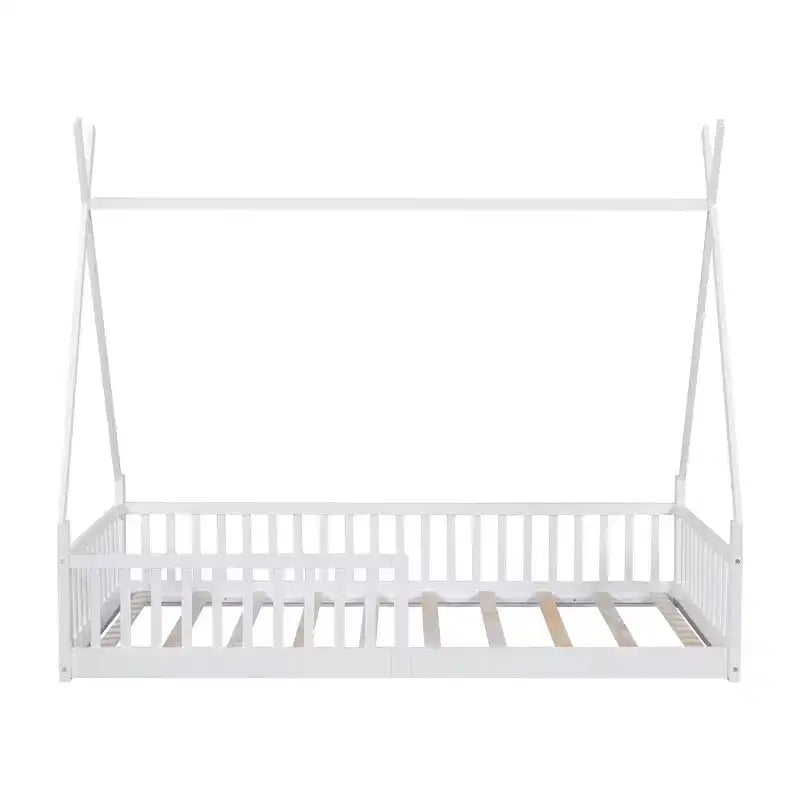 Bodenbett für Kinder, Zeltbetten in Doppelbettgröße, Montessori-Bodenbett mit Lattenrost und Zaungeländer, Holz-Hausbettgestell für Jungen und Mädchen