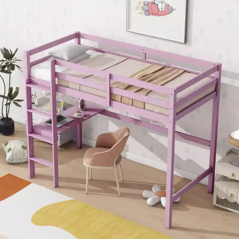 Okak Minimalism Hochbett mit Leiter, Hochbett aus Kautschukholz mit Sicherheitsgeländer und integriertem Schreibtisch, Bettrahmen für Kinder, Jugendliche