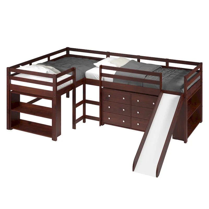 Doppeltes L-förmiges Etagenbett mit Rutsche und Schlafzimmermöbel-Set in dunklem Cappuccino