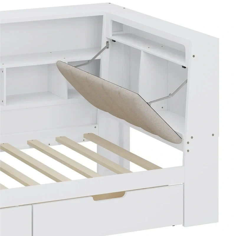 L-förmiges Holzsofa-Tagesbett mit Schreibtisch, Bücherregal, Eckbett mit Schubladen unter dem Bett, gepolstertem Kopfteil und integrierter Beleuchtung