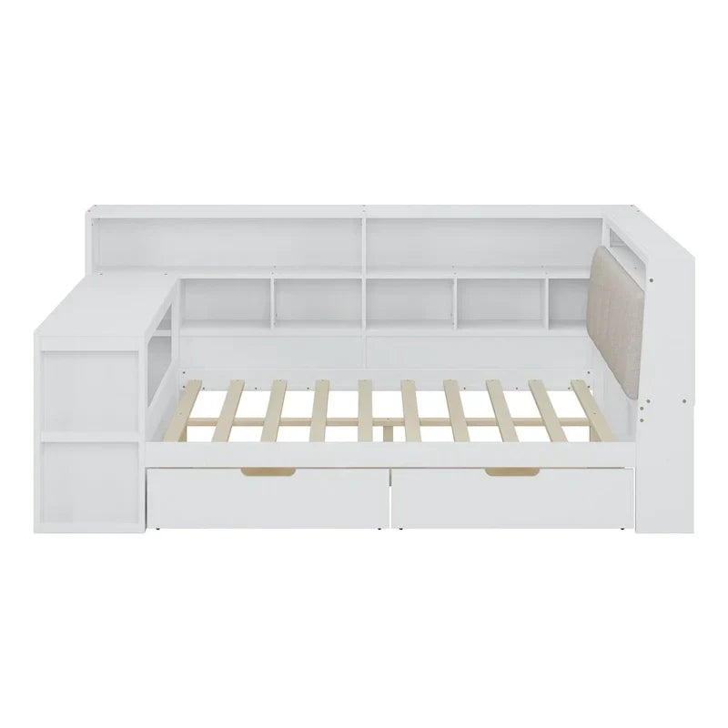 L-förmiges Holzsofa-Tagesbett mit Schreibtisch, Bücherregal, Eckbett mit Schubladen unter dem Bett, gepolstertem Kopfteil und integrierter Beleuchtung