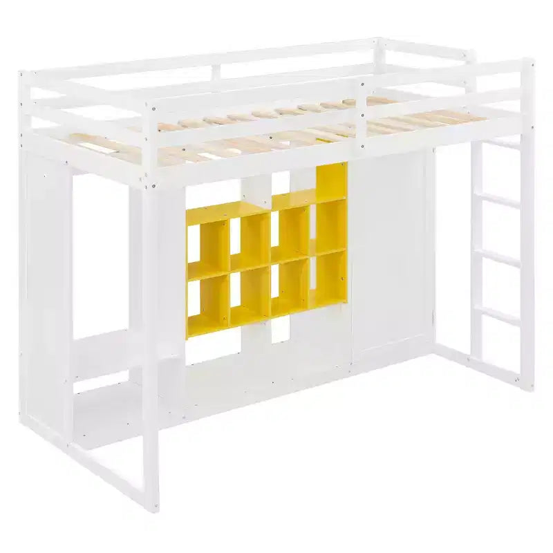 Hochbett für Kinder mit Kleiderschrank und Regalen, Holz-Hochbettgestell mit Aufbewahrungsschrank für Kinder und Jugendliche