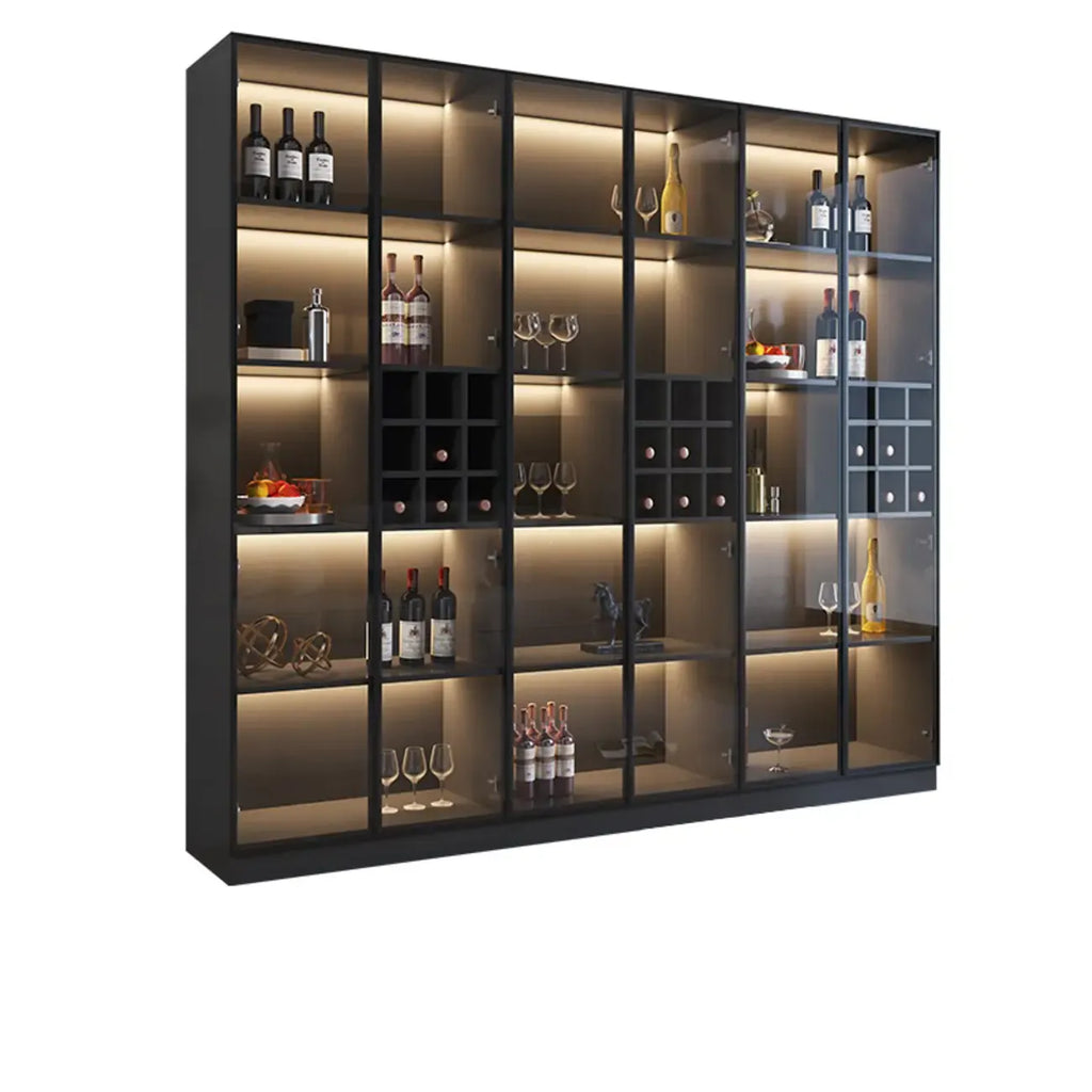 Minimalistisches Weinschrankregal aus schwarzem Holz mit Glastür
