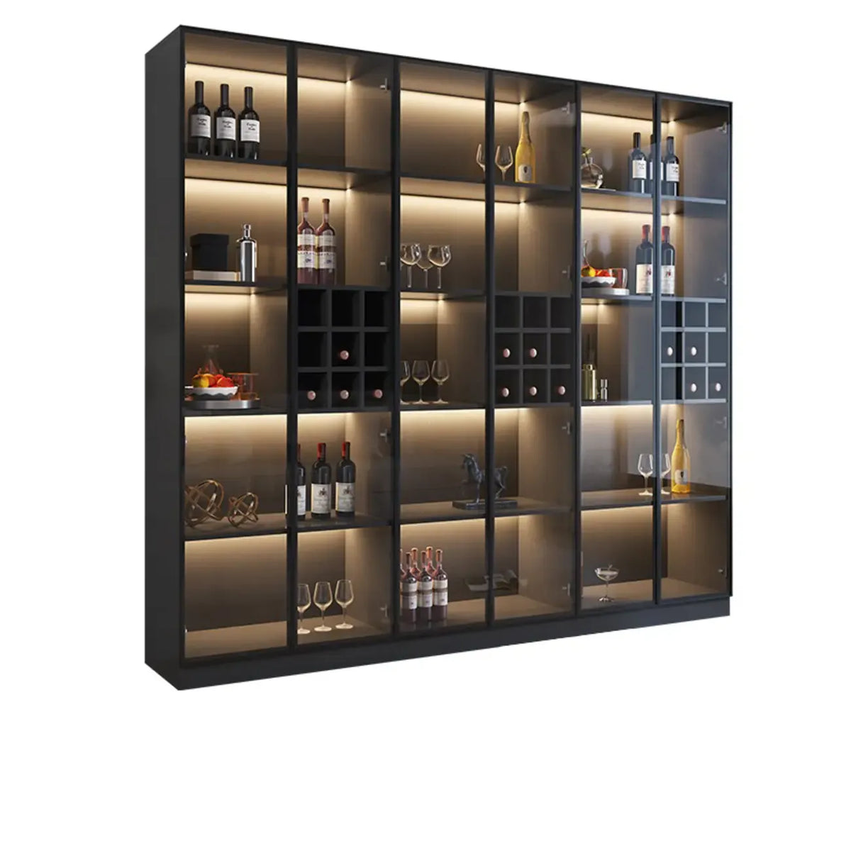Minimalistisches Weinschrankregal aus schwarzem Holz mit Glastür