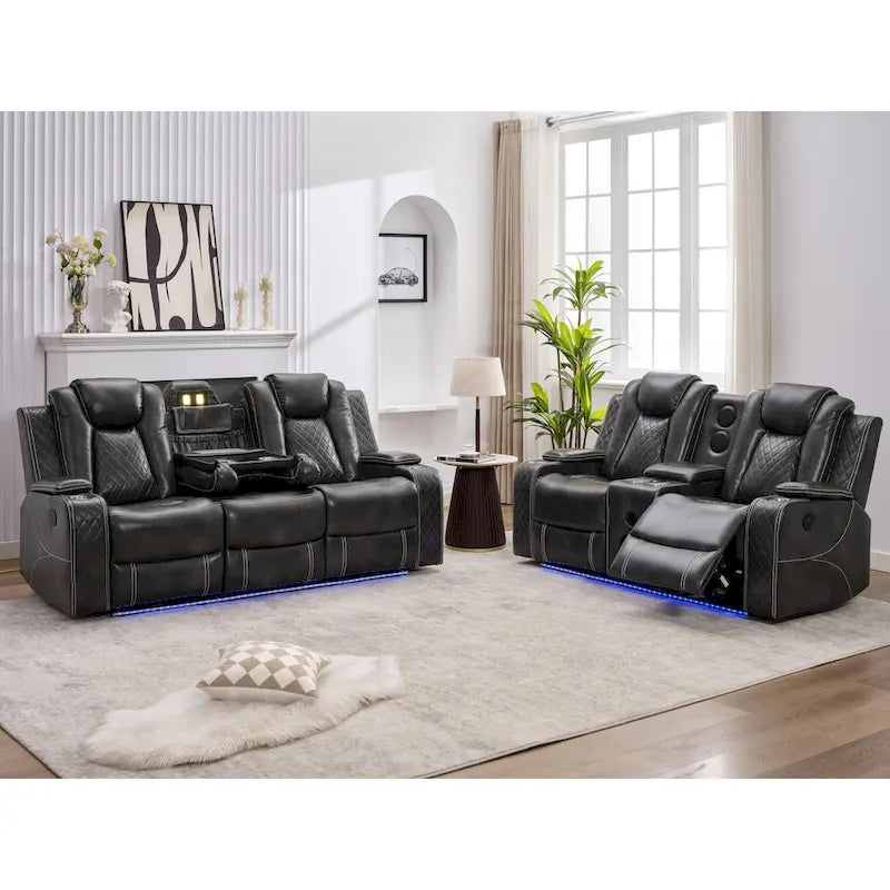 Elektrisches Relaxsofa mit kabellosem Ladegerät, Leselampe für das Wohnzimmer, Kunstleder-LED-Beleuchtung, AC/USB-Anschluss, Getränkehalter, Schwarz