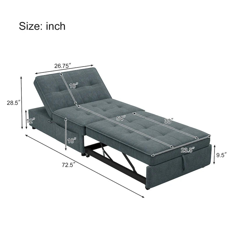 72.5 Leinen 4-in-1 3-Sitzer Schlafsofa mit 5-fach verstellbarer Rückenlehne und Aufbewahrungstasche