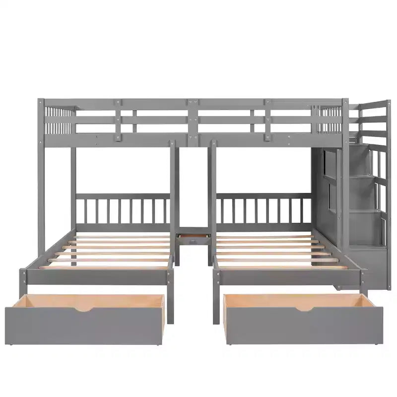 Whisen Etagenbett mit Doppelbett oben und zwei Einzelbetten unten, dreifaches Etagenbett aus Holz mit Schubladen und Schutzgittern