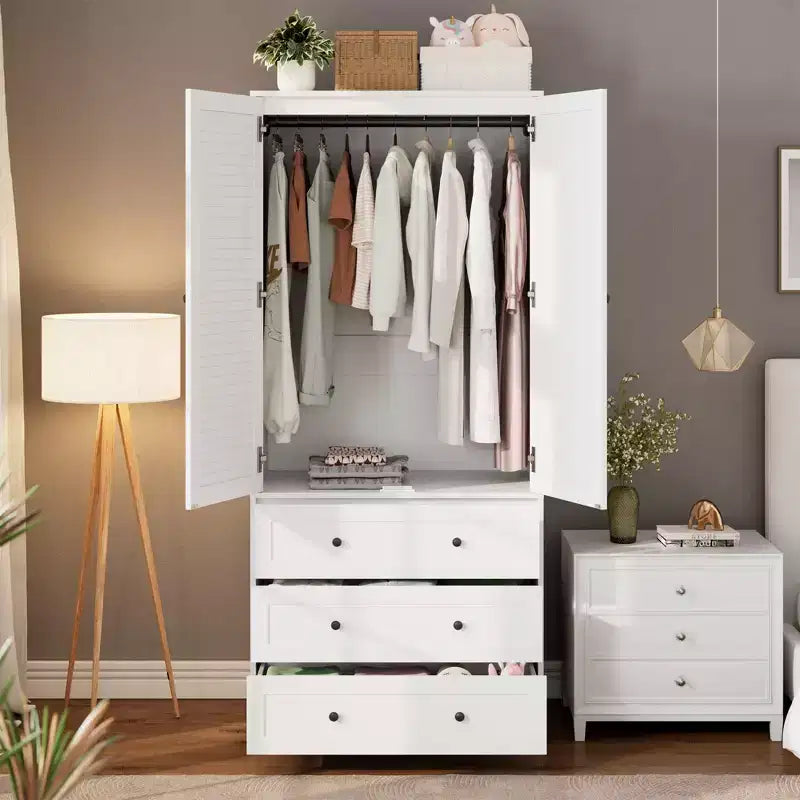 COZONY Kleiderschrank mit 3 Schubladen und 2 Türen, moderner Holzschrank für Schlafzimmer, robuster weißer Stehschrank
