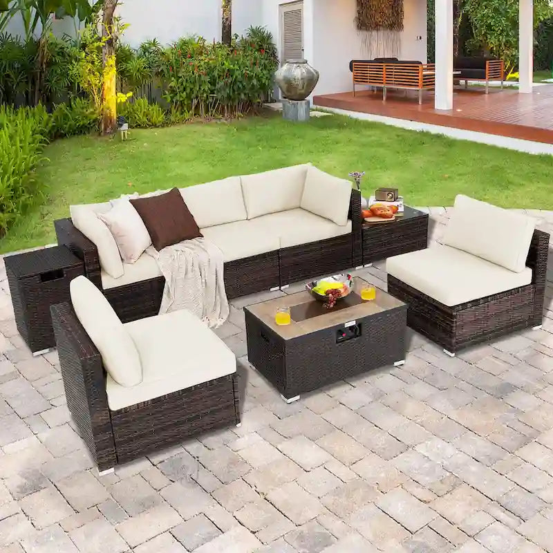 8-teiliges Terrassenmöbel-Set aus Rattan mit Feuerstellentisch, Tankhalter und Abdeckung für die Terrasse