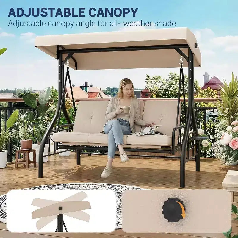 2-in-1 Cabrio 3-Sitzer Hollywoodschaukel mit verstellbarem Dach, Terrassenschaukelbett mit Gestell, dicken Kissen und Getränkehaltern, für Garten, Terrasse, Veranda