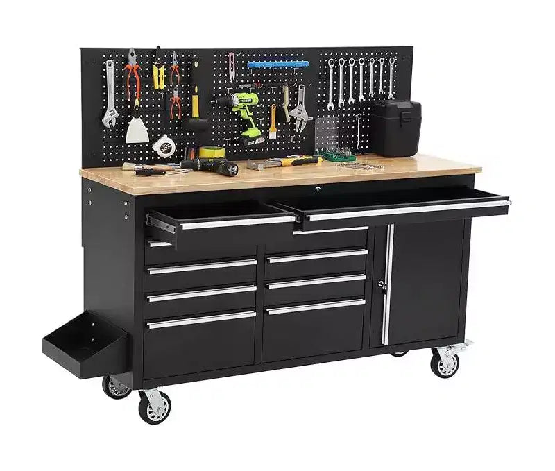 61 Zoll 10-Schubladen Rollender Werkzeugkasten & Garagen-Werkbank mit Steckdosenleiste, Massivholzplatte aus Gummi, 1675 LBS Tragkraft Schwerlast-Mobile Arbeitsstation Schrank