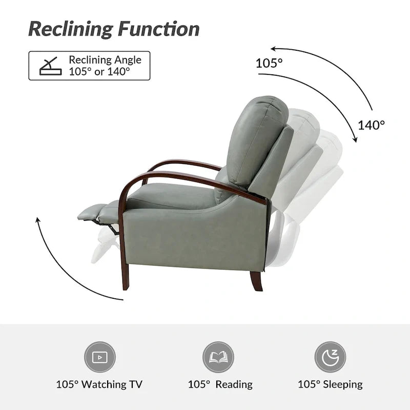 Alex Mid-Century Modern Zigarren-Sessel aus echtem Leder mit manueller Relaxfunktion und geschwungenen Holzarmlehnen