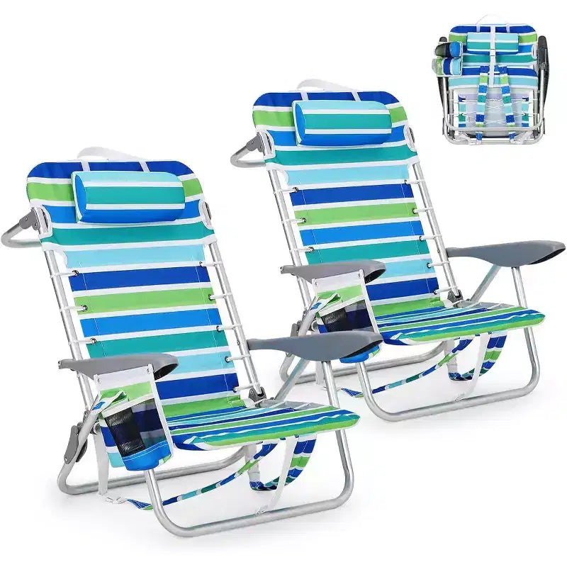 Acekool 2er-Pack leichter Rucksack-Strandstuhl, faltbarer Liegestuhl mit 5 Positionen für Erwachsene mit Gurten, Getränkehalter und Handtuchstange, belastbar bis 136 kg