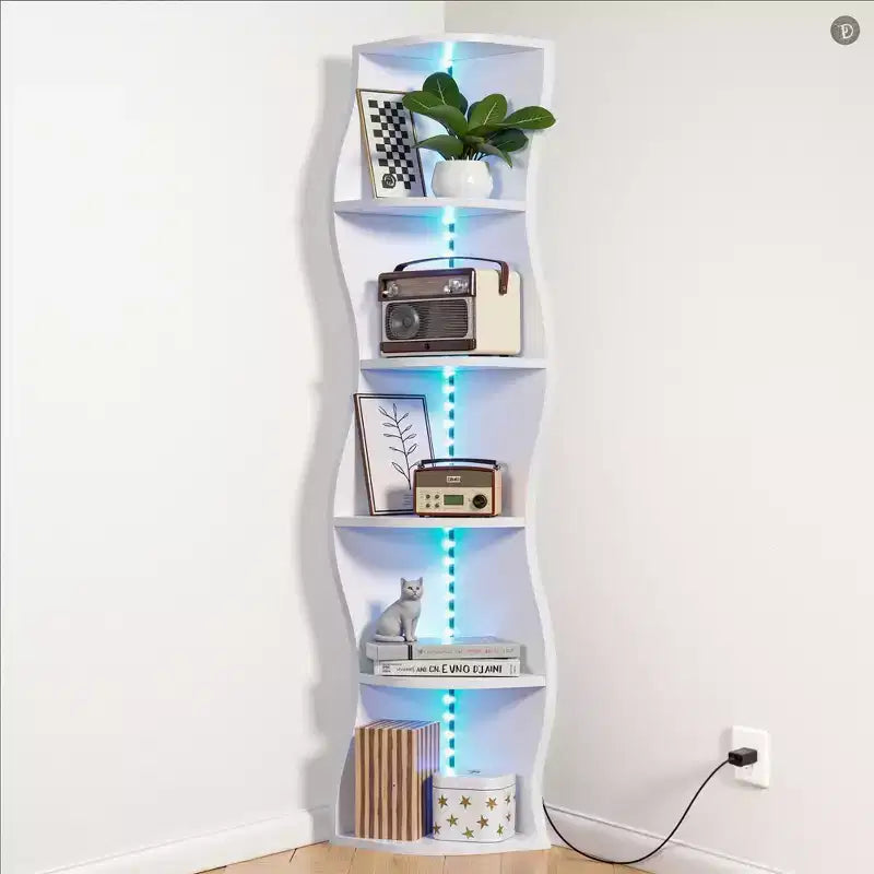 VECELO 5-stöckiges Wellen-Eckregal, hohes vertikales Ausstellungsregal für kleine Räume & Wohnzimmer, Weiß