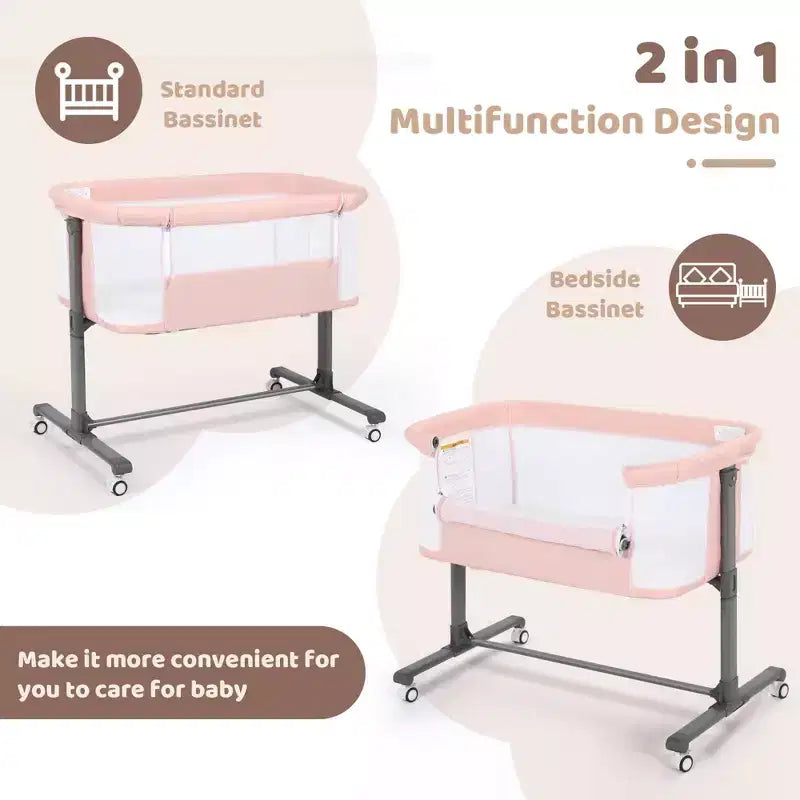 Baby-Beistellbett mit Rollen – Beige / Grau / Rosa, Bettschläfer, für 1 Baby
