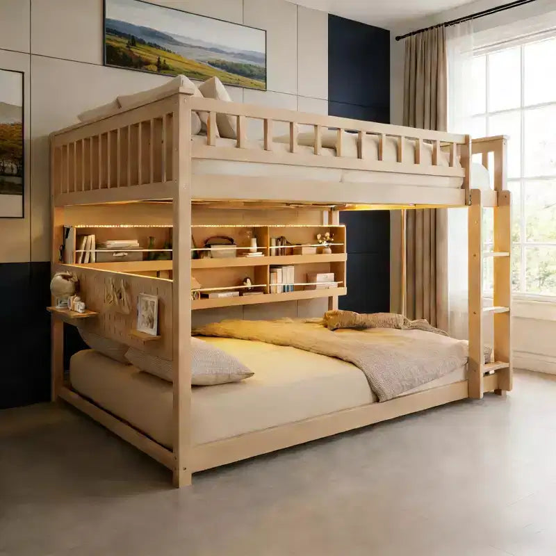 Luxystar Etagenbett für Erwachsene, voll über voll, modern, mit Stauraum, beleuchteten Regalen und Lochplatte