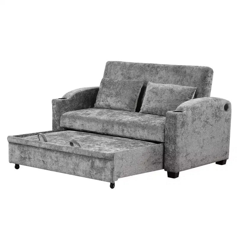 61.6 Modernes Chenille-Schlafsofa mit USB-Anschlüssen, Becherhaltern und verstellbarer Rückenlehne für Wohnzimmer, Apartment
