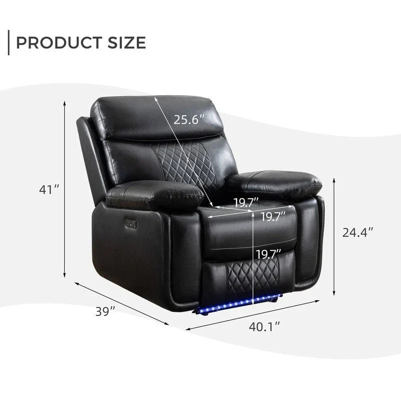 Elektrisches Liegesofa mit kabelloser Ladestation, Leselampe, LED-Beleuchtung für Wohnzimmer, Kunstleder, AC-/USB-Anschluss, Getränkehalter, Schwarz