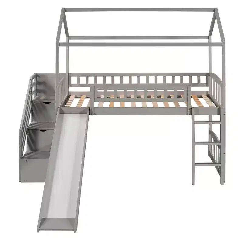 Doppelhaus-Hochbett mit Rutsche und Treppe, Hochbett mit Aufbewahrungsschubladen, Holzhaus-Hochbett für Kinder und Kleinkinder
