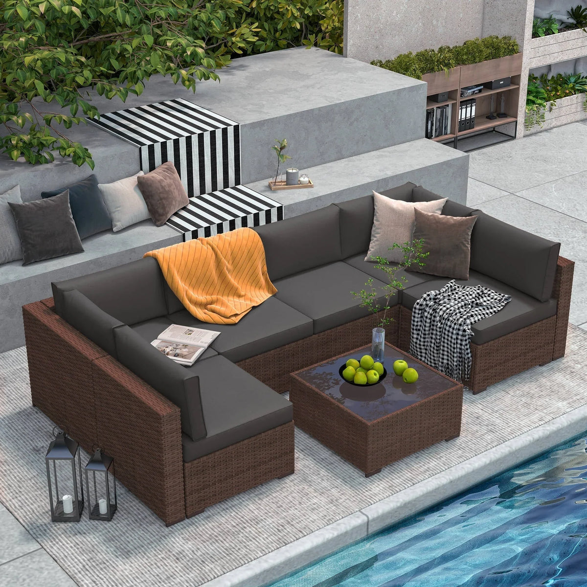 7-teiliges Outdoor-Sofa-Set aus Korbweide/Stahl mit Polstern