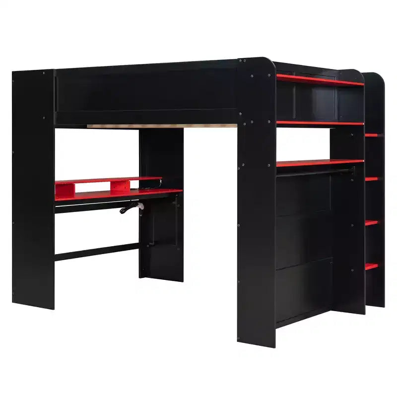 Luxystar Hochbett in voller Größe mit beleuchtetem, verstellbarem Schreibtisch, offenem Kleiderschrank und Bücherregal